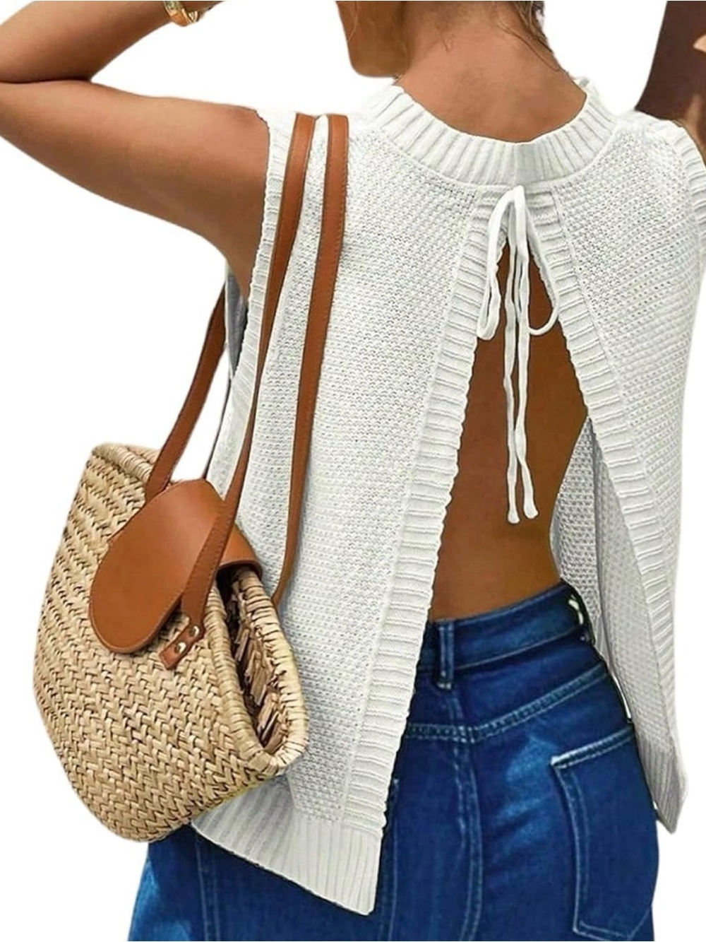 Gray Knit Crop Sweater Vest Backless Tie Up Sleeveless Summer Top